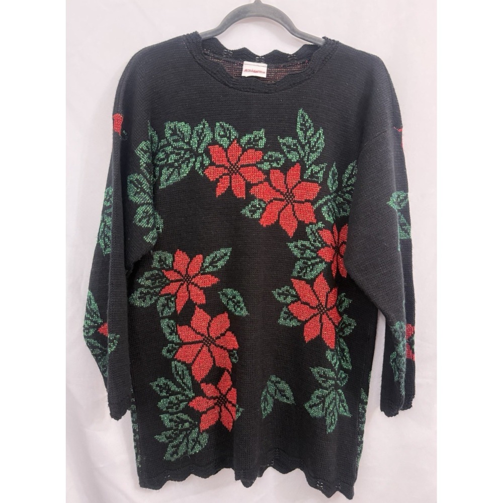 VTG Holiday‎ Time Black Poinsettia Metallic Christmas Sweater Womens Size M